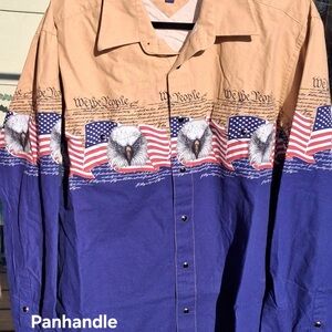 Men's Patriotic Casual Button Down Shirt - Tan and Blue